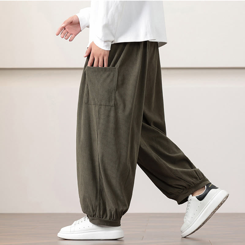 Nimara Ritual Solid Color Corduroy Drawstring Men's Harem Pants With Pockets