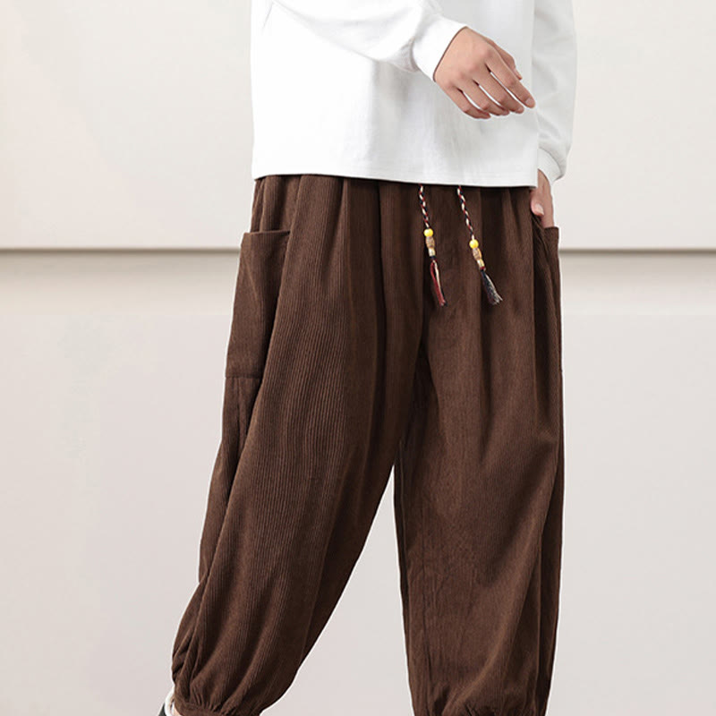 Nimara Ritual Solid Color Corduroy Drawstring Men's Harem Pants With Pockets