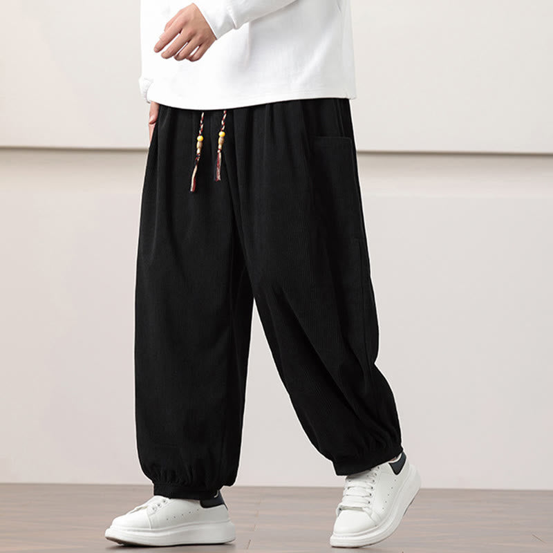 Nimara Ritual Solid Color Corduroy Drawstring Men's Harem Pants With Pockets