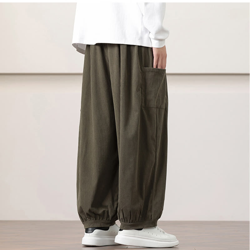 Nimara Ritual Solid Color Corduroy Drawstring Men's Harem Pants With Pockets
