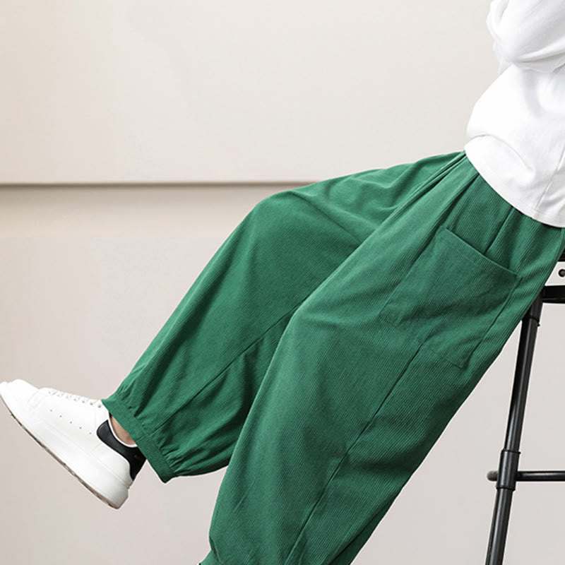 Nimara Ritual Solid Color Corduroy Drawstring Men's Harem Pants With Pockets