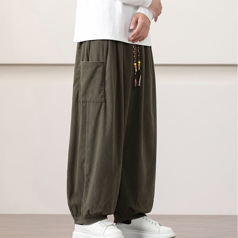 Nimara Ritual Solid Color Corduroy Drawstring Men's Harem Pants With Pockets