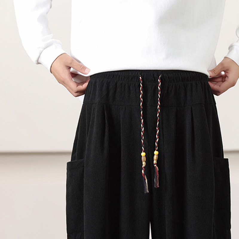 Nimara Ritual Solid Color Corduroy Drawstring Men's Harem Pants With Pockets