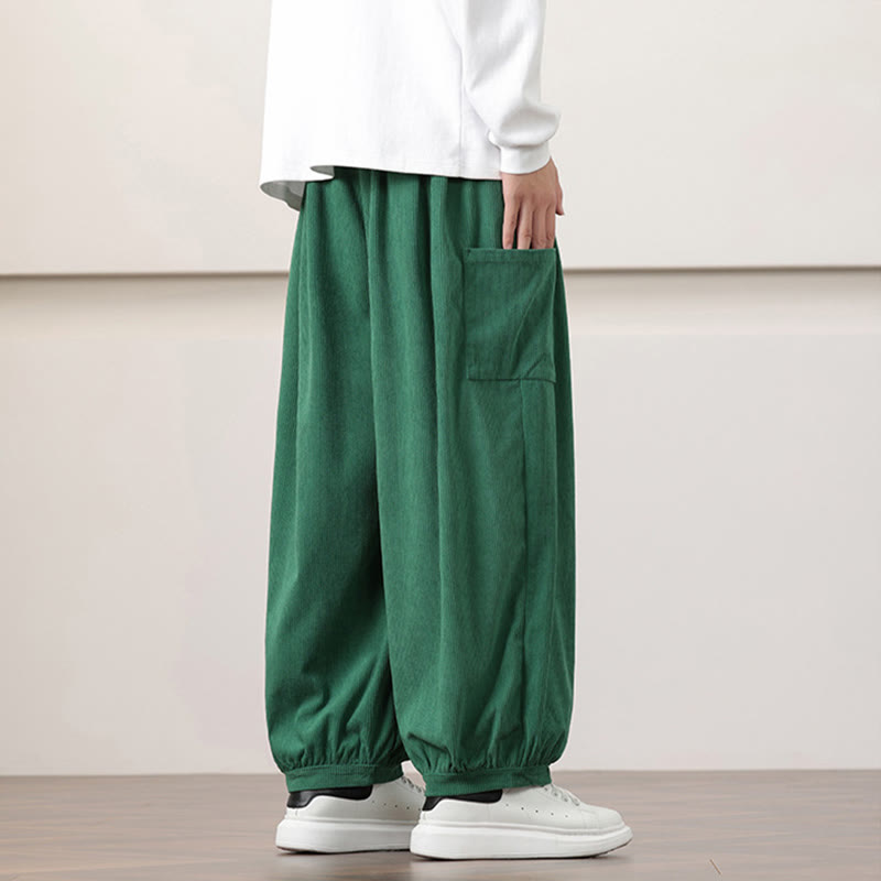 Nimara Ritual Solid Color Corduroy Drawstring Men's Harem Pants With Pockets