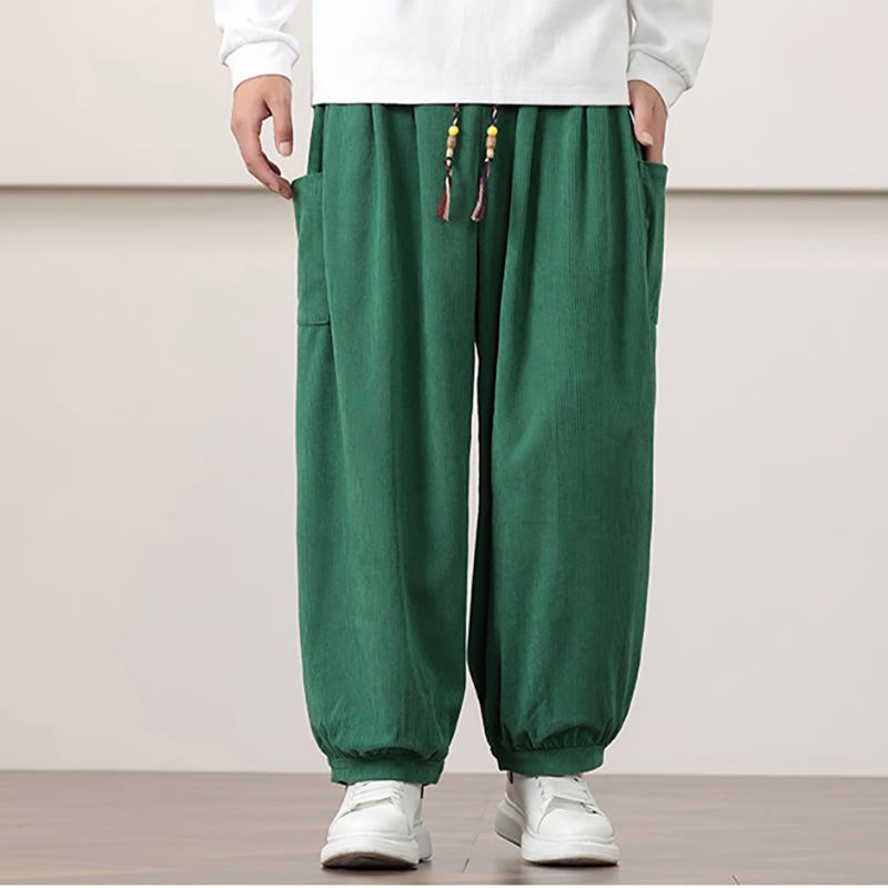 Nimara Ritual Solid Color Corduroy Drawstring Men's Harem Pants With Pockets