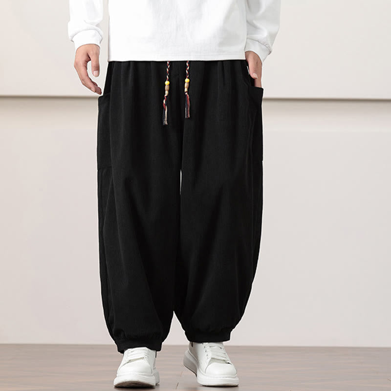 Nimara Ritual Solid Color Corduroy Drawstring Men's Harem Pants With Pockets