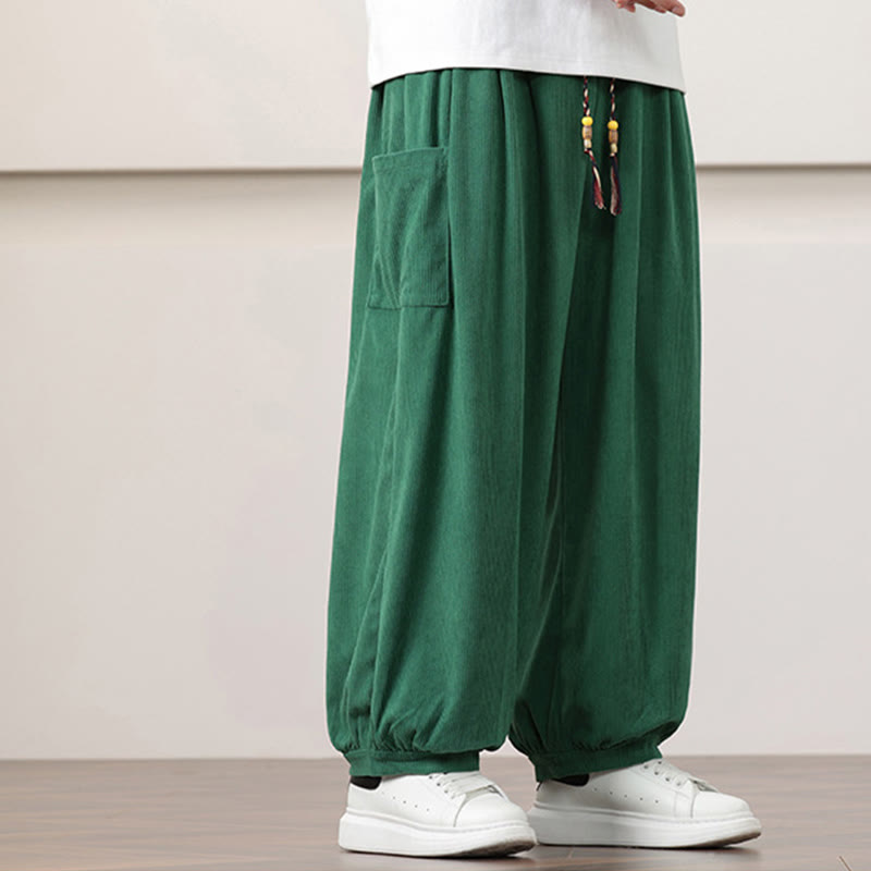 Nimara Ritual Solid Color Corduroy Drawstring Men's Harem Pants With Pockets