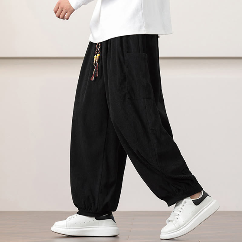 Nimara Ritual Solid Color Corduroy Drawstring Men's Harem Pants With Pockets