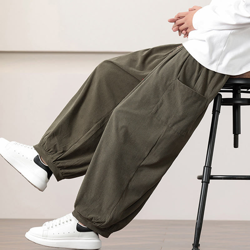 Nimara Ritual Solid Color Corduroy Drawstring Men's Harem Pants With Pockets