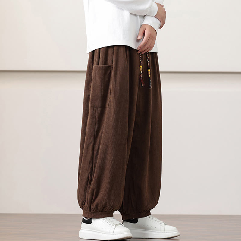 Nimara Ritual Solid Color Corduroy Drawstring Men's Harem Pants With Pockets