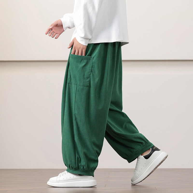 Nimara Ritual Solid Color Corduroy Drawstring Men's Harem Pants With Pockets