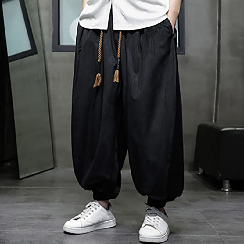 Nimara Ritual Solid Color Corduroy Drawstring Thermal Men's Harem Pants With Pockets