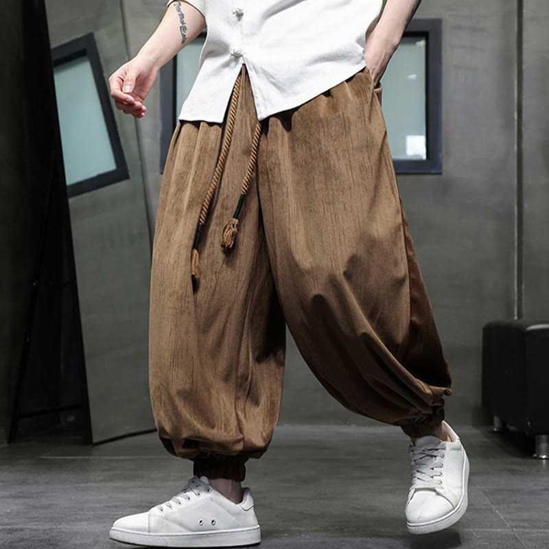 Nimara Ritual Solid Color Corduroy Drawstring Thermal Men's Harem Pants With Pockets
