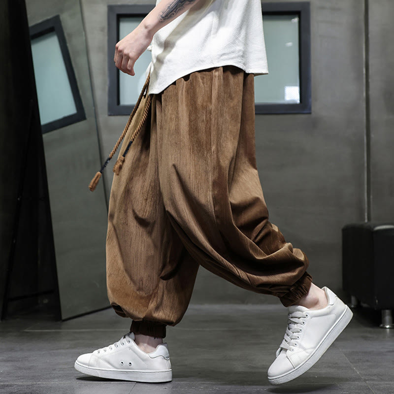 Nimara Ritual Solid Color Corduroy Drawstring Thermal Men's Harem Pants With Pockets