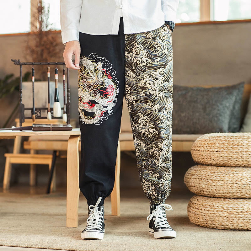 Nimara Ritual Dragon Pattern Two-tone Men's Pants With Pockets