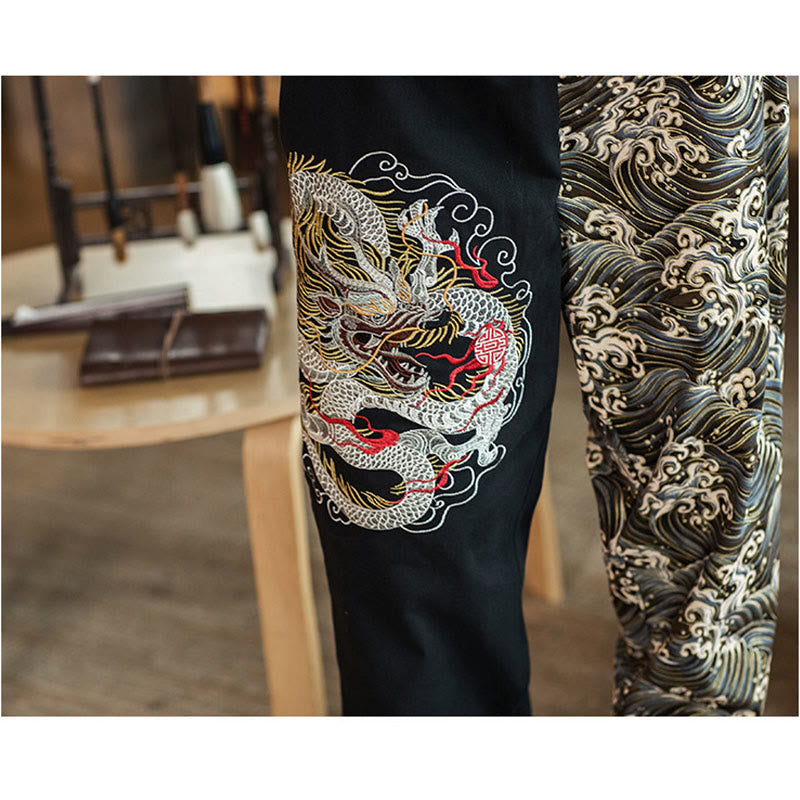 Nimara Ritual Dragon Pattern Two-tone Men's Pants With Pockets