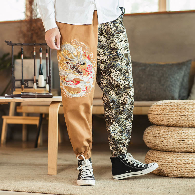 Nimara Ritual Dragon Pattern Two-tone Men's Pants With Pockets
