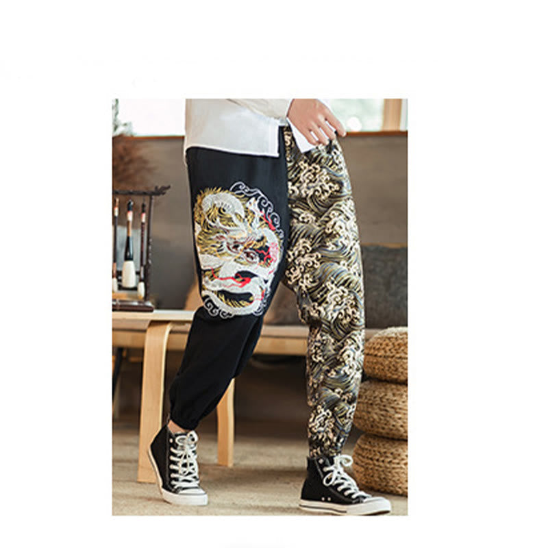 Nimara Ritual Dragon Pattern Two-tone Men's Pants With Pockets
