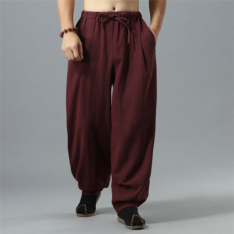 Nimara Ritual Casual Solid Color Drawstring Cotton Linen Men's Pants With Pockets