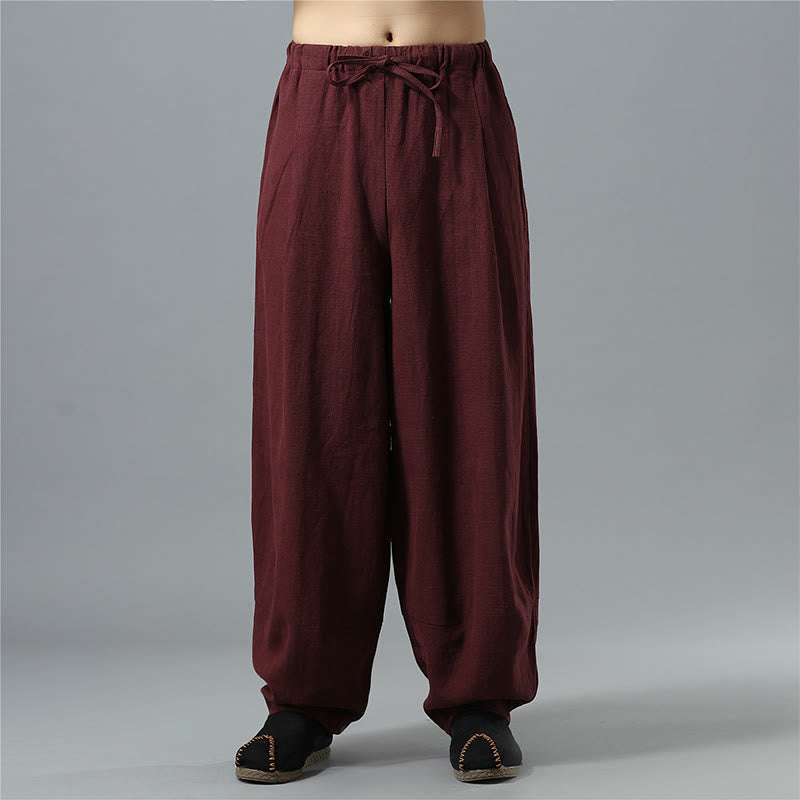 Nimara Ritual Casual Solid Color Drawstring Cotton Linen Men's Pants With Pockets