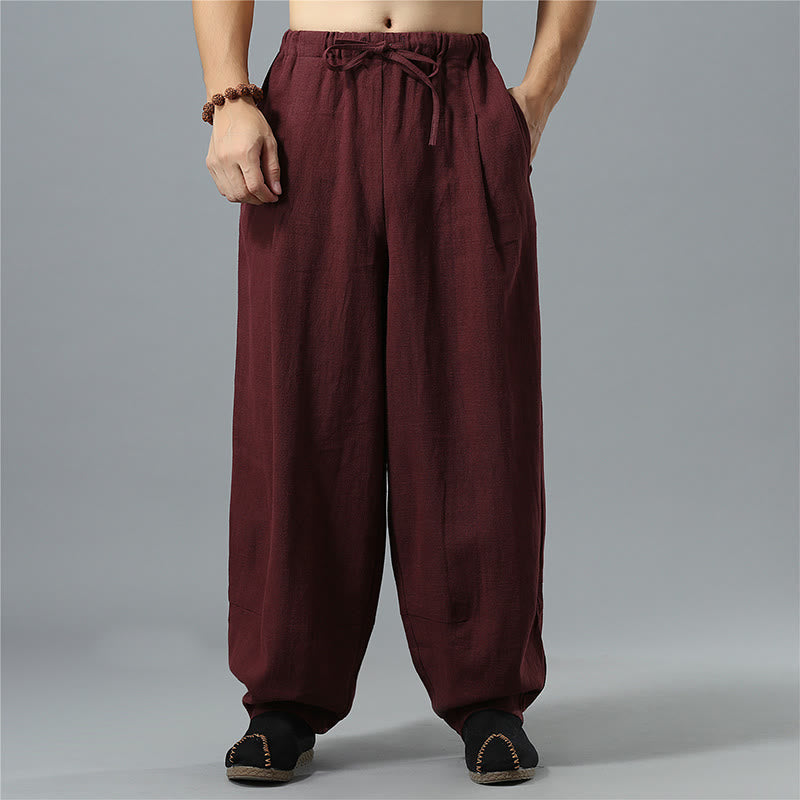 Nimara Ritual Casual Solid Color Drawstring Cotton Linen Men's Pants With Pockets