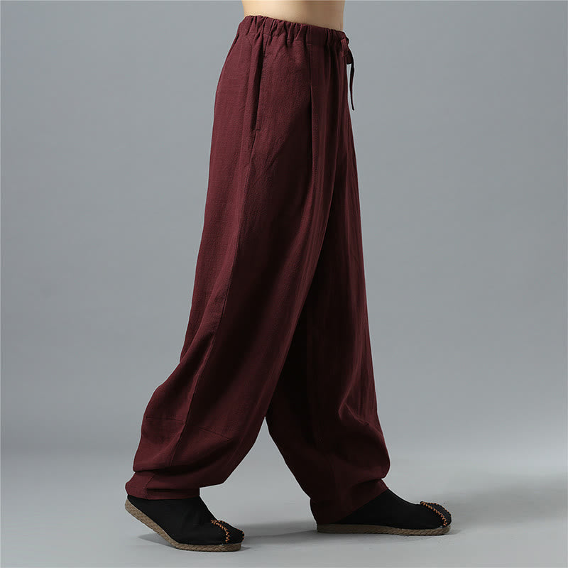 Nimara Ritual Casual Solid Color Drawstring Cotton Linen Men's Pants With Pockets