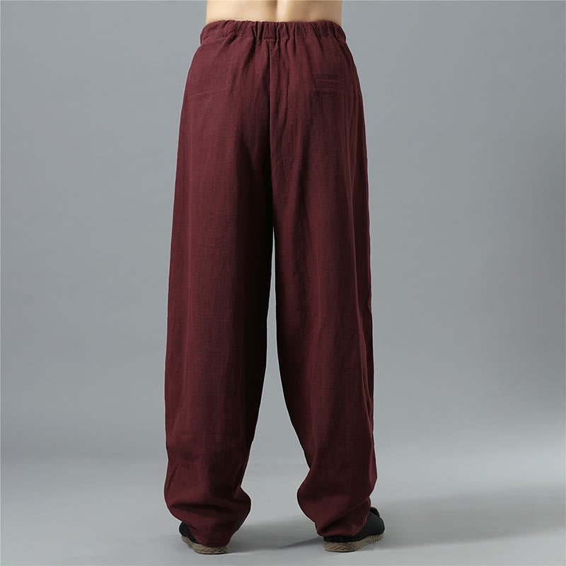 Nimara Ritual Casual Solid Color Drawstring Cotton Linen Men's Pants With Pockets