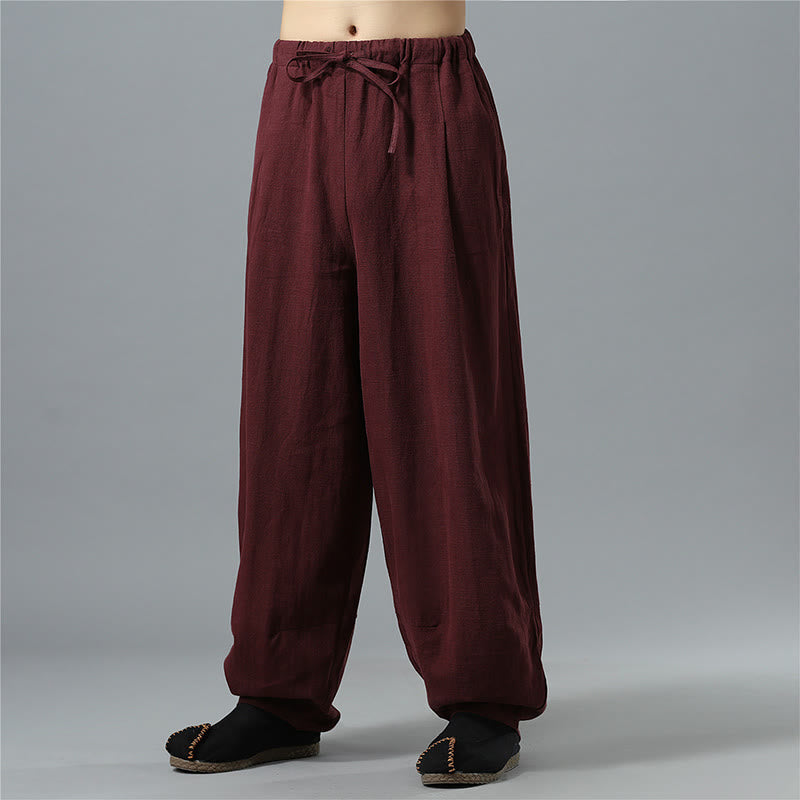 Nimara Ritual Casual Solid Color Drawstring Cotton Linen Men's Pants With Pockets