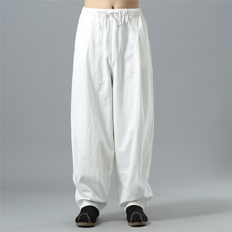 Nimara Ritual Casual Solid Color Drawstring Cotton Linen Men's Pants With Pockets