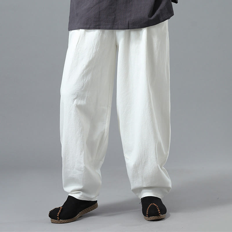 Nimara Ritual Casual Solid Color Drawstring Cotton Linen Men's Pants With Pockets
