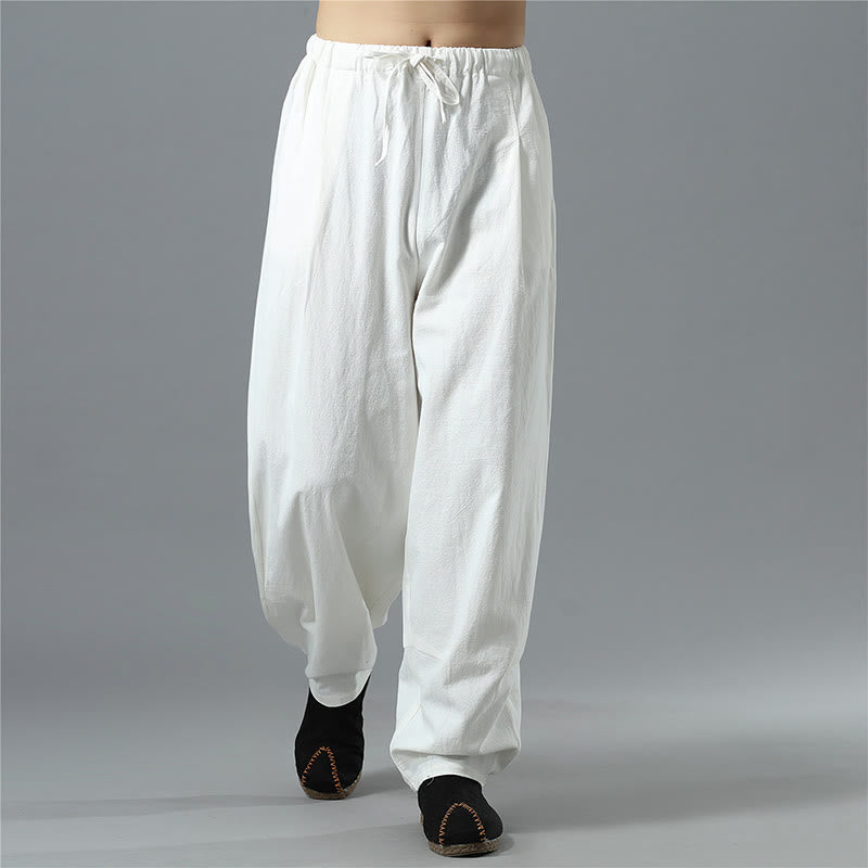 Nimara Ritual Casual Solid Color Drawstring Cotton Linen Men's Pants With Pockets