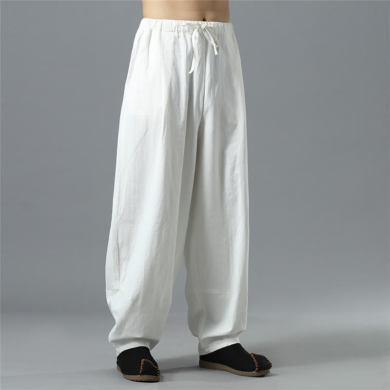 Nimara Ritual Casual Solid Color Drawstring Cotton Linen Men's Pants With Pockets