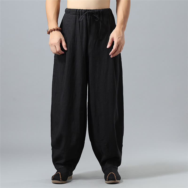 Nimara Ritual Casual Solid Color Drawstring Cotton Linen Men's Pants With Pockets