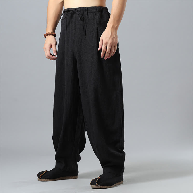 Nimara Ritual Casual Solid Color Drawstring Cotton Linen Men's Pants With Pockets