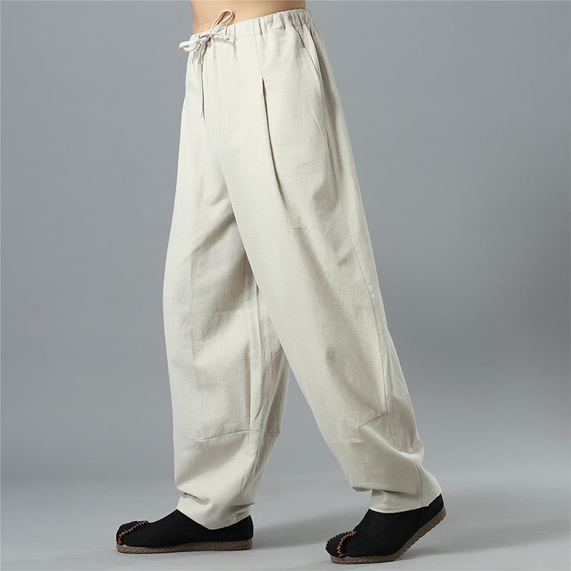 Nimara Ritual Casual Solid Color Drawstring Cotton Linen Men's Pants With Pockets
