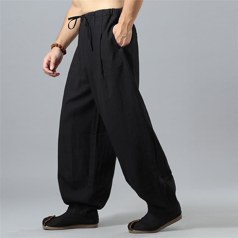 Nimara Ritual Casual Solid Color Drawstring Cotton Linen Men's Pants With Pockets