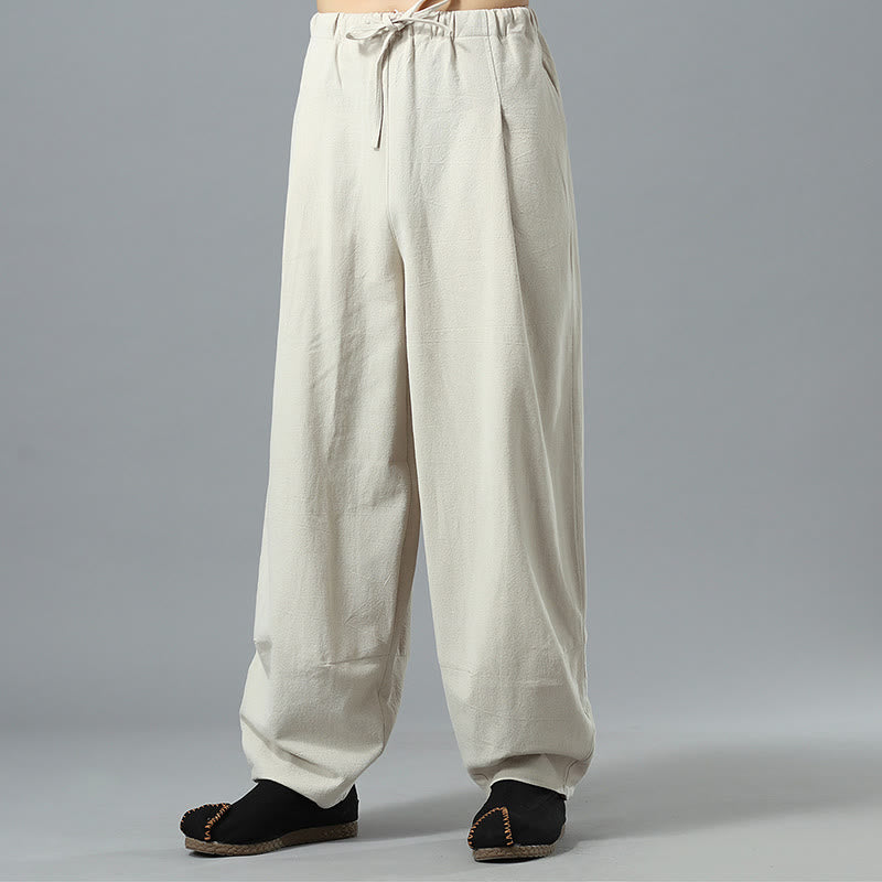 Nimara Ritual Casual Solid Color Drawstring Cotton Linen Men's Pants With Pockets