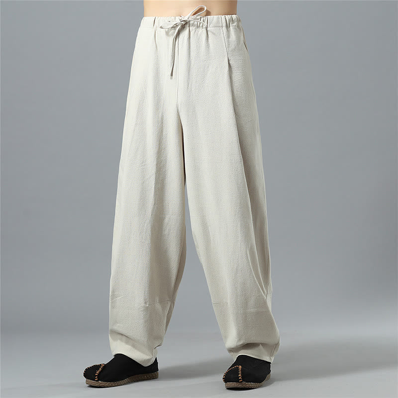 Nimara Ritual Casual Solid Color Drawstring Cotton Linen Men's Pants With Pockets