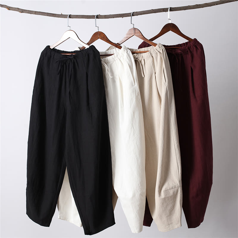 Nimara Ritual Casual Solid Color Drawstring Cotton Linen Men's Pants With Pockets