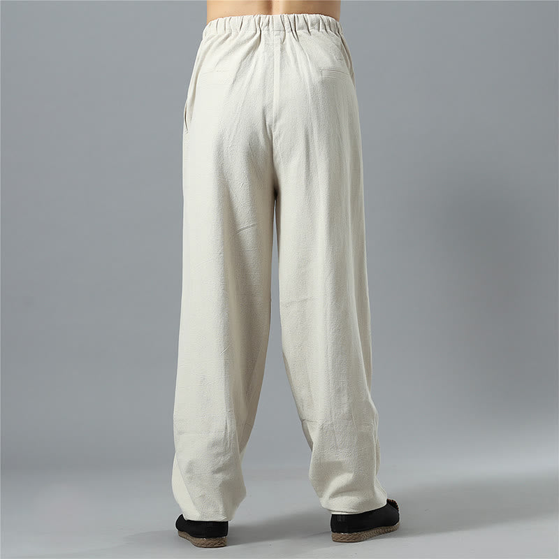 Nimara Ritual Casual Solid Color Drawstring Cotton Linen Men's Pants With Pockets