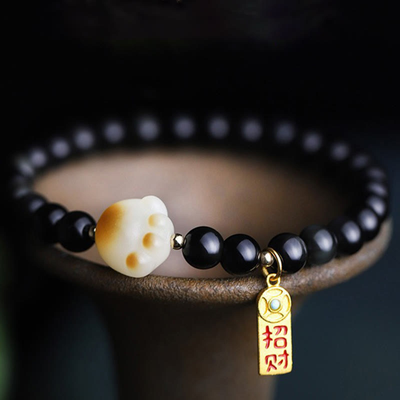 Nimara Ritual Black Obsidian Cat Paw Bodhi Seed Lucky Fortune Charm Purification Bracelet