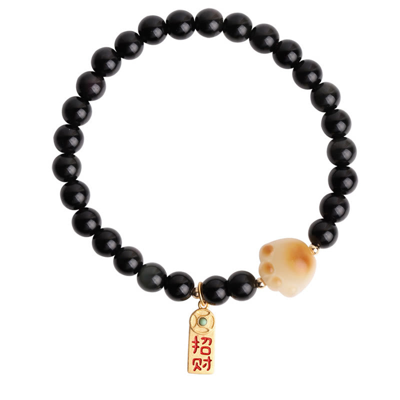 Nimara Ritual Black Obsidian Cat Paw Bodhi Seed Lucky Fortune Charm Purification Bracelet