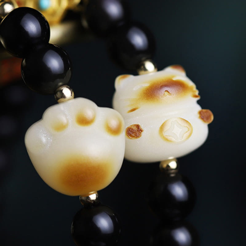 Nimara Ritual Black Obsidian Cat Paw Bodhi Seed Lucky Fortune Charm Purification Bracelet