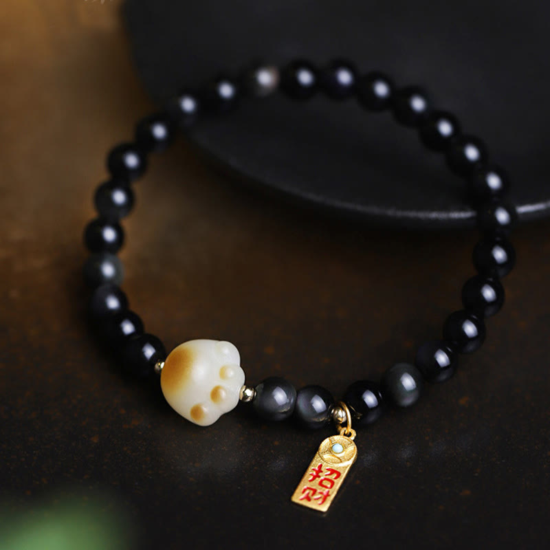 Nimara Ritual Black Obsidian Cat Paw Bodhi Seed Lucky Fortune Charm Purification Bracelet