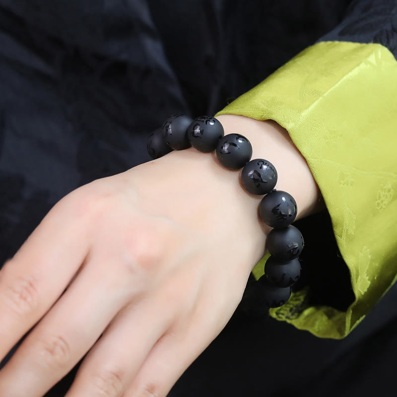 Nimara Ritual Natural Black Onyx Om Mani Padme Hum Carved Protection Bracelet