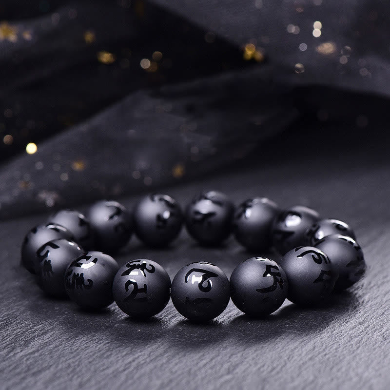 Nimara Ritual Natural Black Onyx Om Mani Padme Hum Carved Protection Bracelet