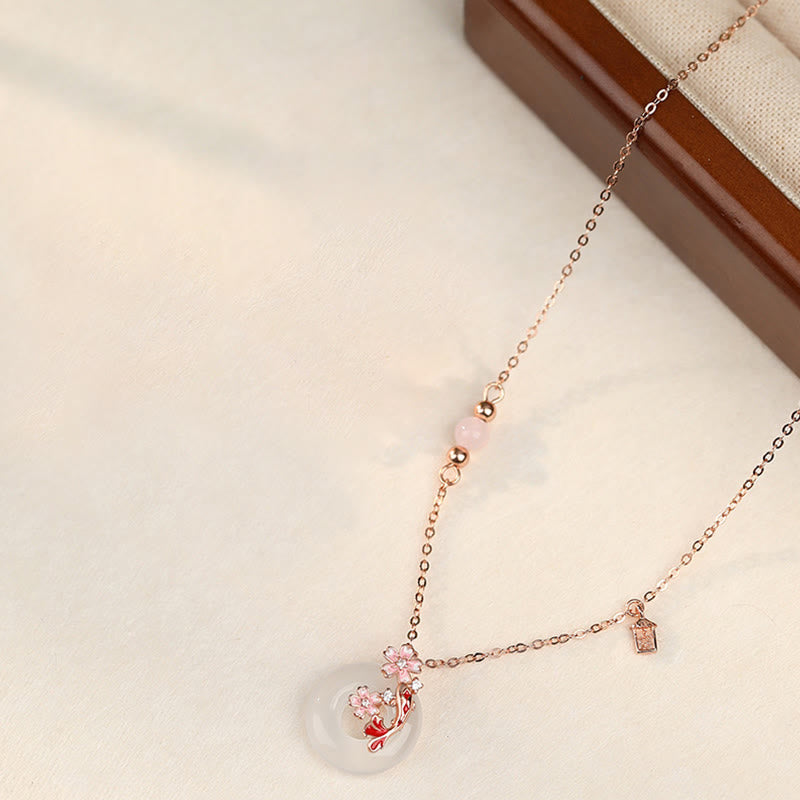 Nimara Ritual Chalcedony Pink Crystal 925 Sterling Silver Flowers Koi Fish Peace Buckle Positive Necklace Pendant