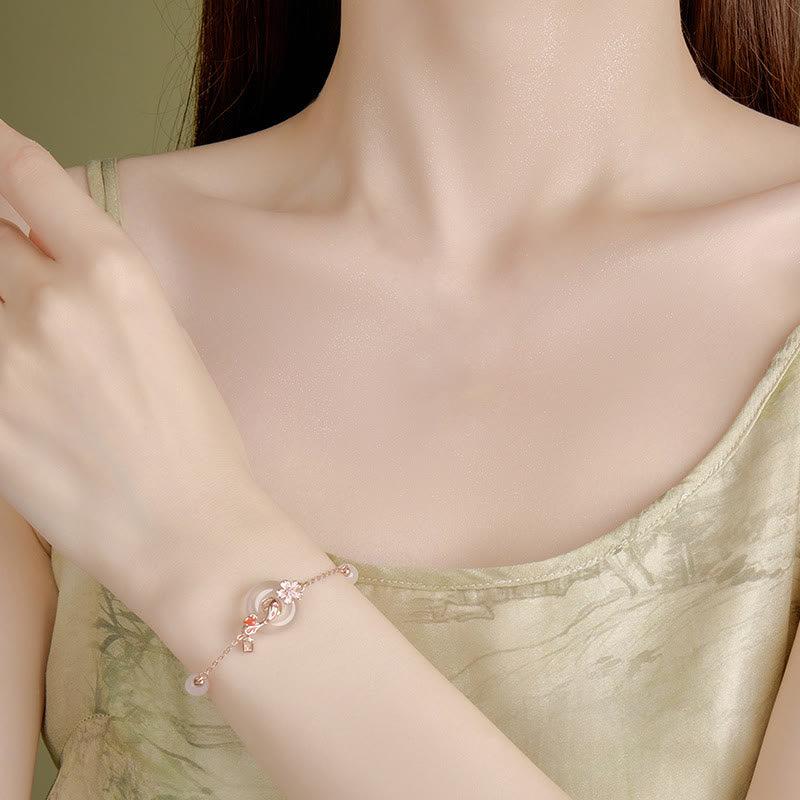 Nimara Ritual Chalcedony Pink Crystal 925 Sterling Silver Flowers Koi Fish Peace Buckle Positive Bracelet