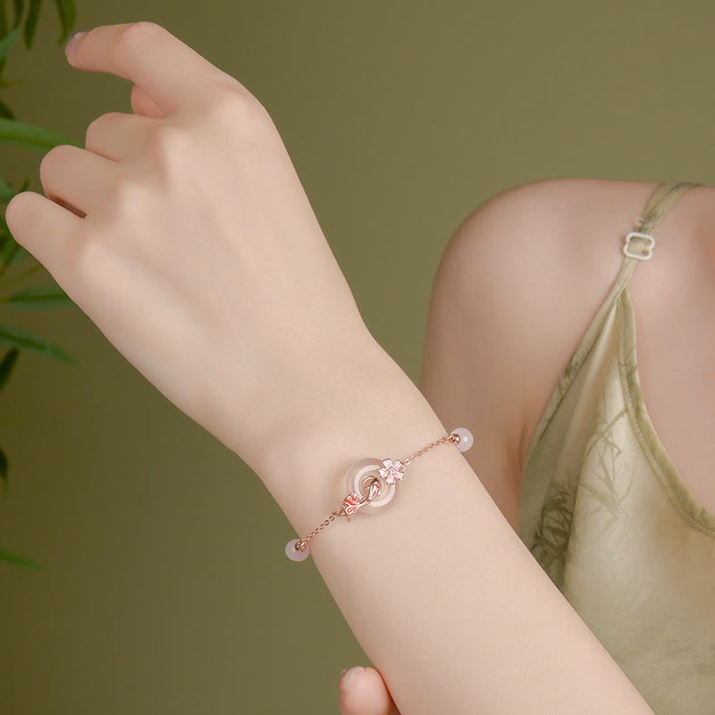 Nimara Ritual Chalcedony Pink Crystal 925 Sterling Silver Flowers Koi Fish Peace Buckle Positive Bracelet