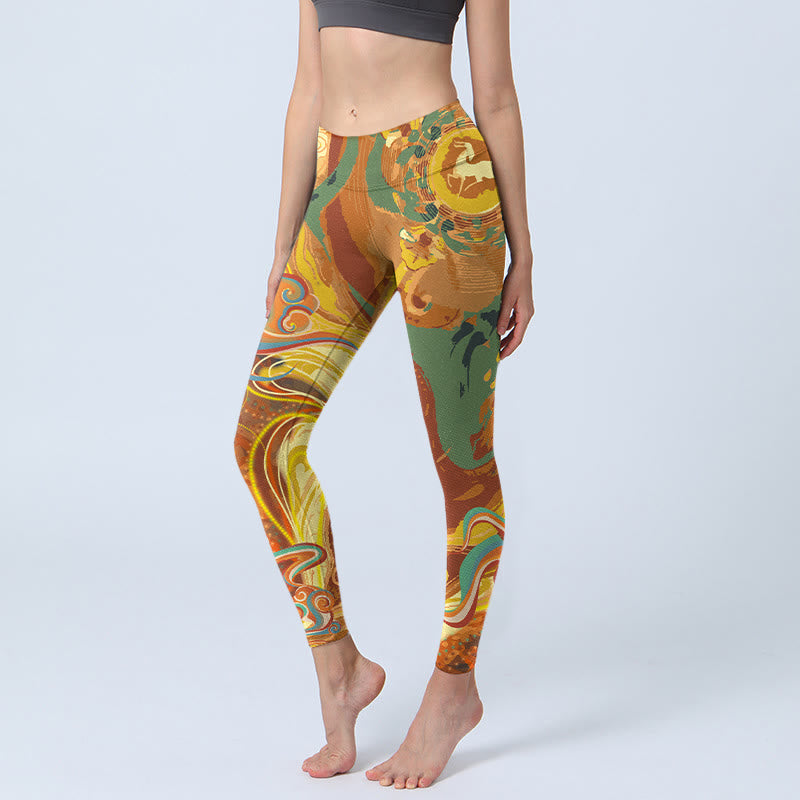 Nimara Ritual Golden Auspicious Cloud Waves Print Gym Leggings Women's Yoga Pants